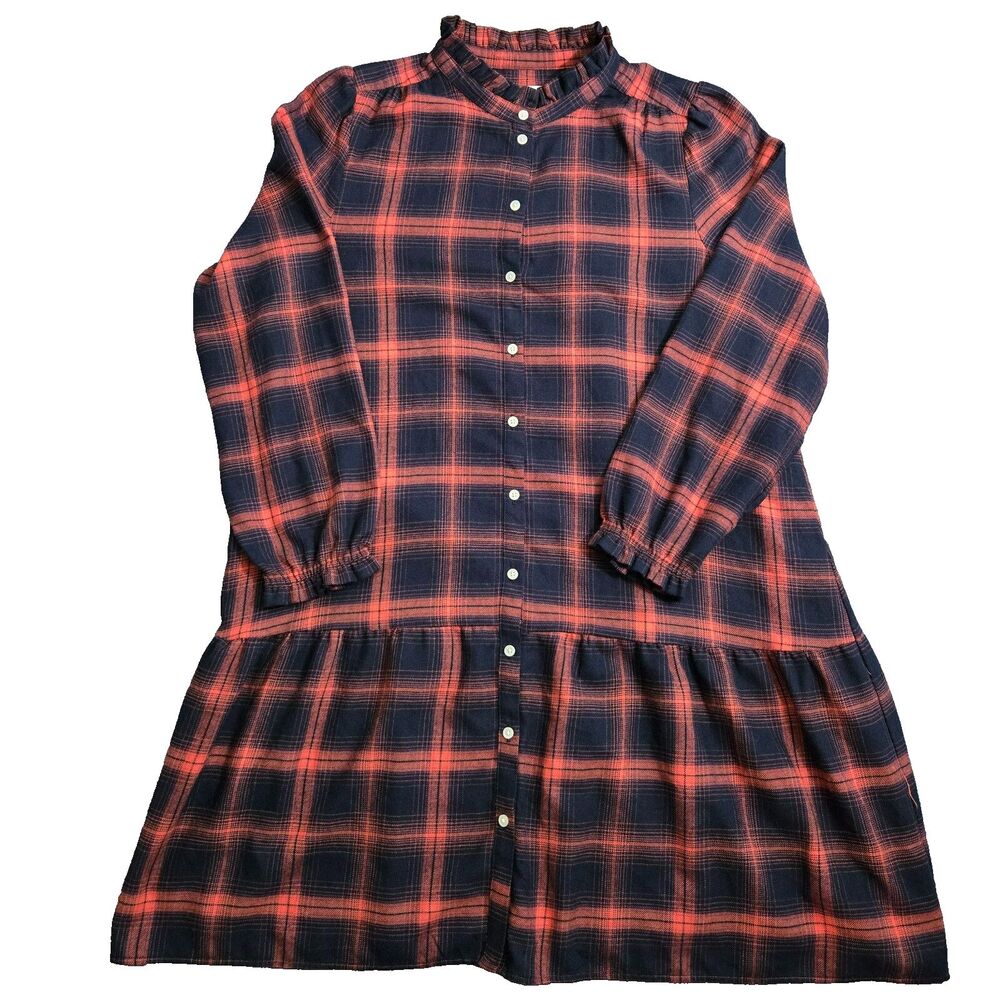 LOFT Shirt Dress Women M Navy Blue Pink Plaid Flannel Long Sleeve Drop Waist